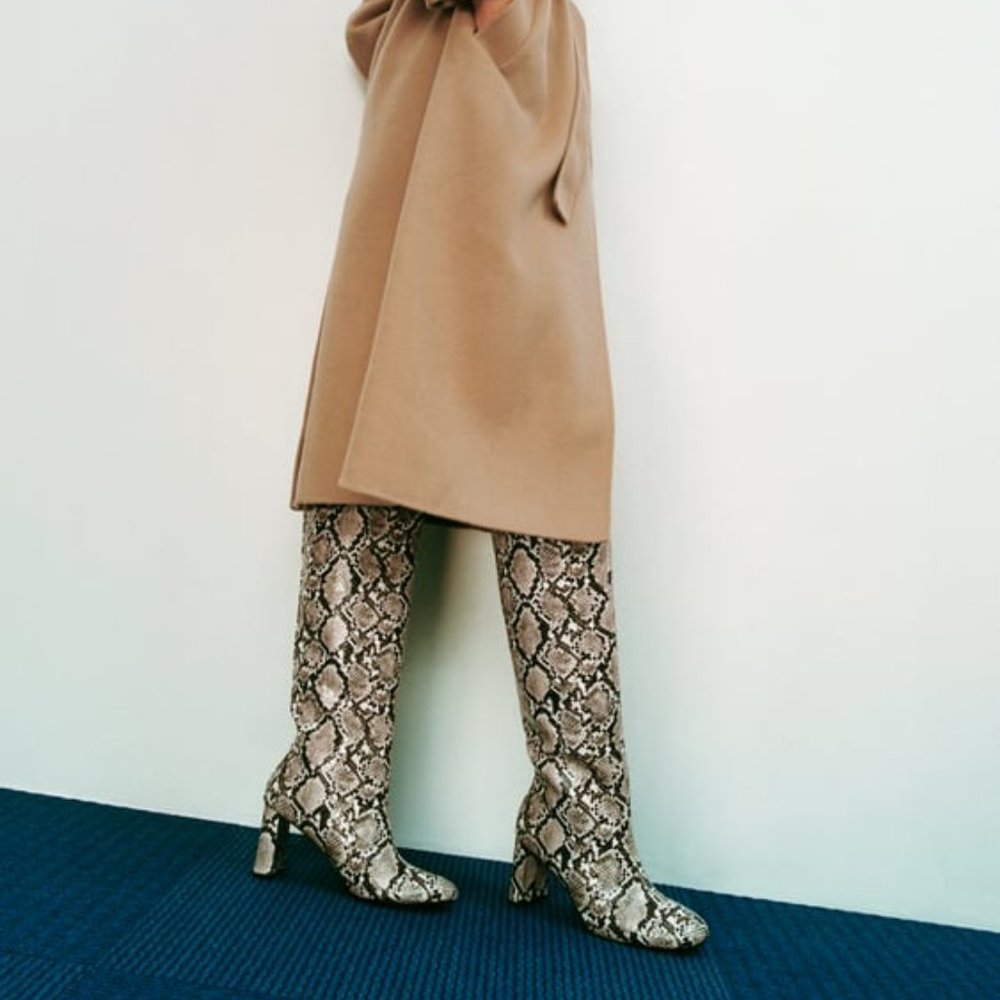 Zara - Heeled Snakeskin Print Boots - Size 7.5